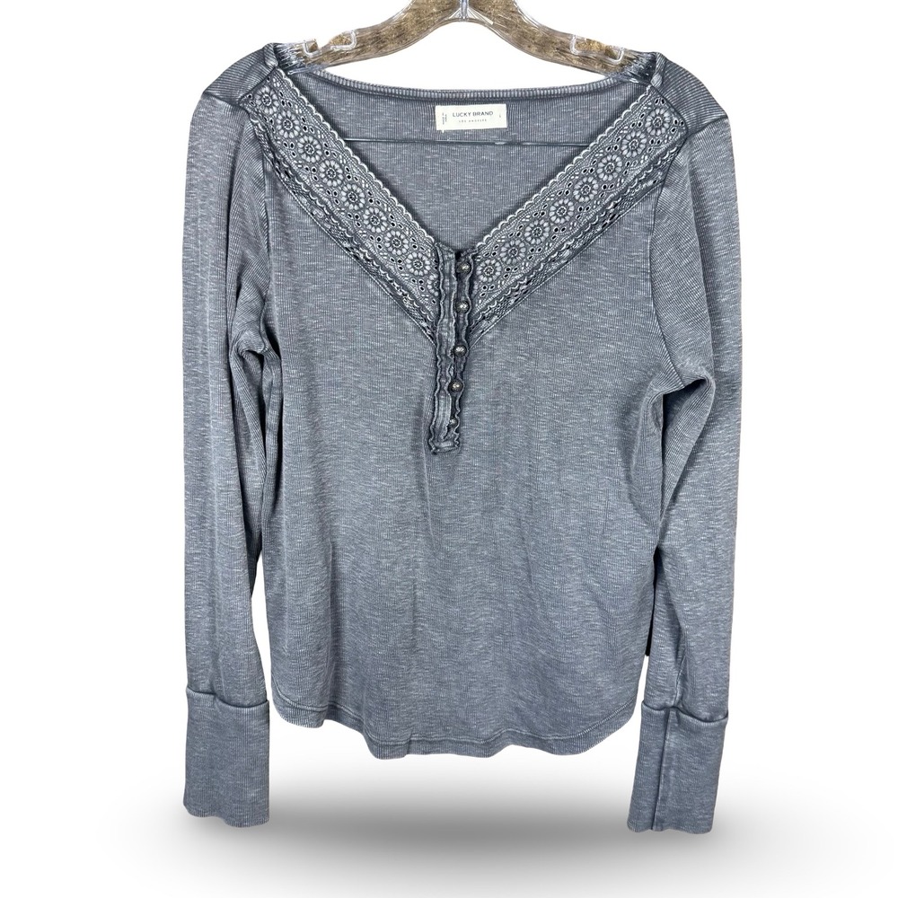 Lucky Brand Womens Large Grey Ribbed Thermal Henley Lace Trim Long Sleeve Top